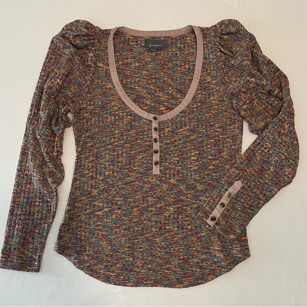 Anthropologie Multicolor Long Sleeve Textured Henley Puff Sleeve Top Shirt M